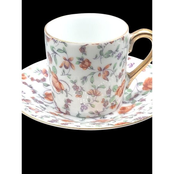 Demitasse Teacup & Saucer By Norcrest CF351 Red Rose Gold Trim Expresso Vintage - Picture 4 of 11